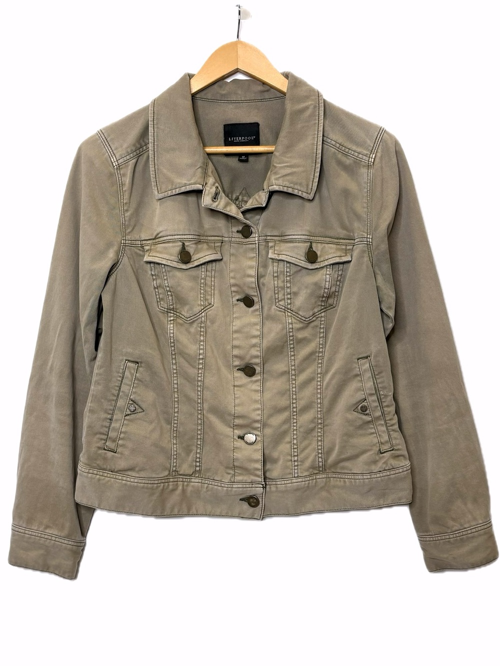 Liverpool Stretch Twill Classic Jean Jacket Womens Size M Washed Tan Trucker